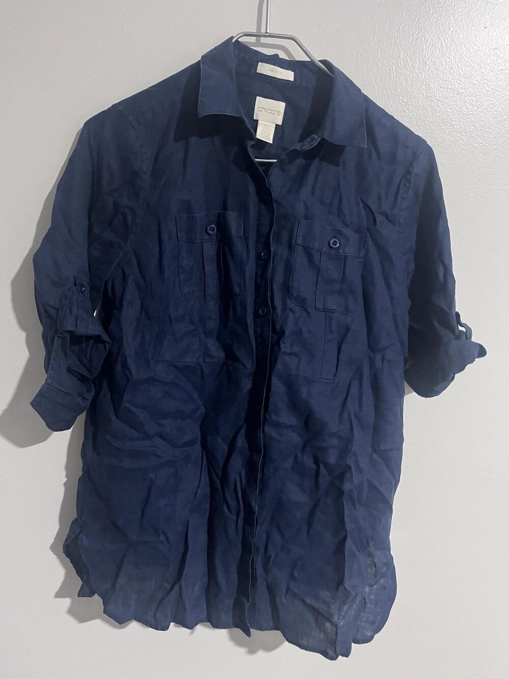 Chico's Button-Up Tunic Womens 0 Blue Linen Roll Tab Sleeve Pockets Lightweight